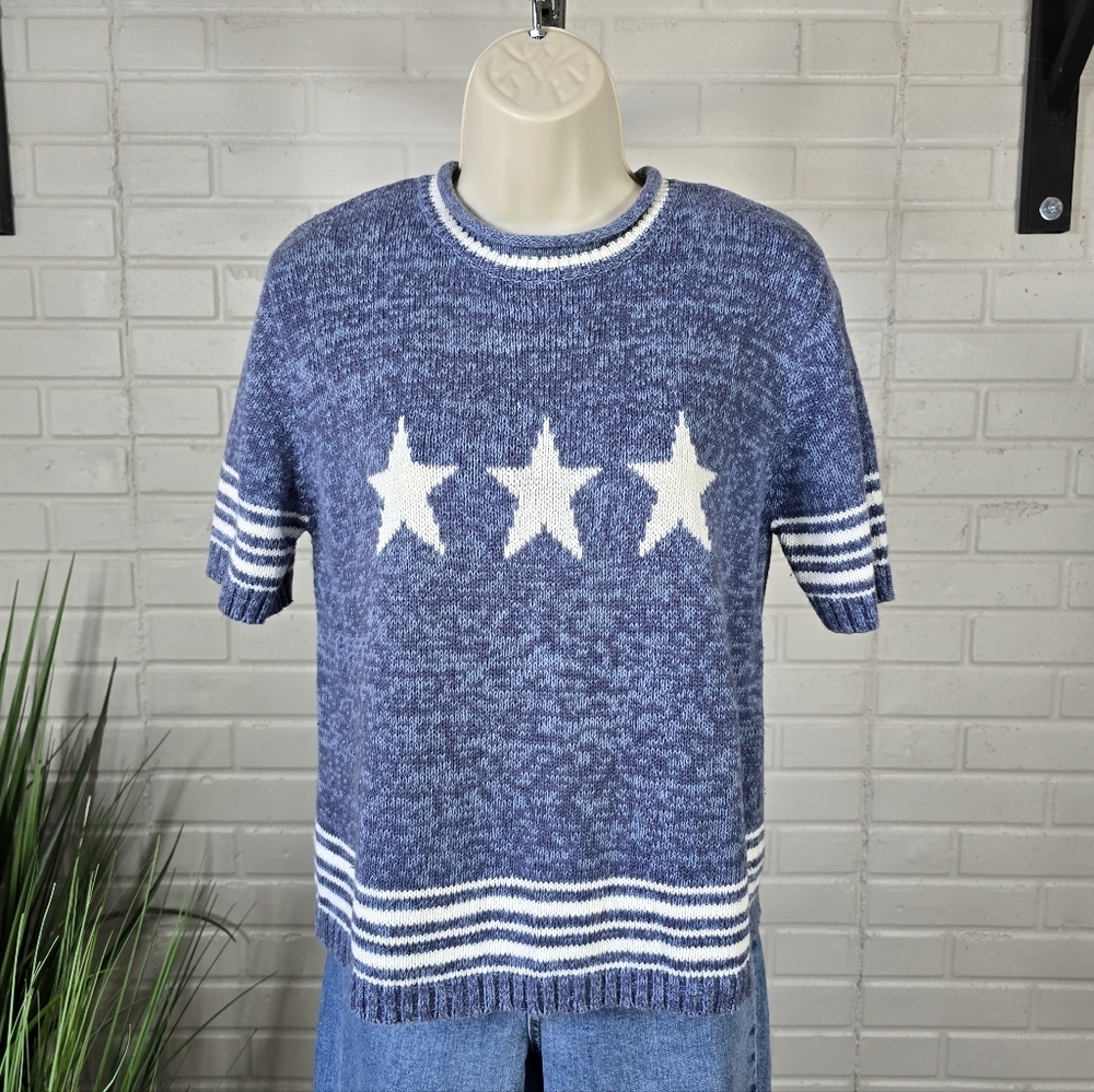 Christopher and Banks Blue and White Star Short Sleeve Sweater Small